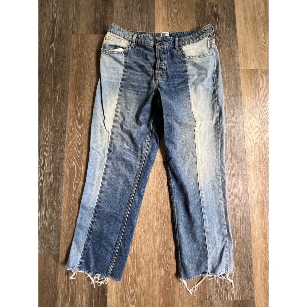 BDG Jessye‎ Patchwork Jeans Mens W32 L32 Blue Two Tone Straight Leg Raw Hem
